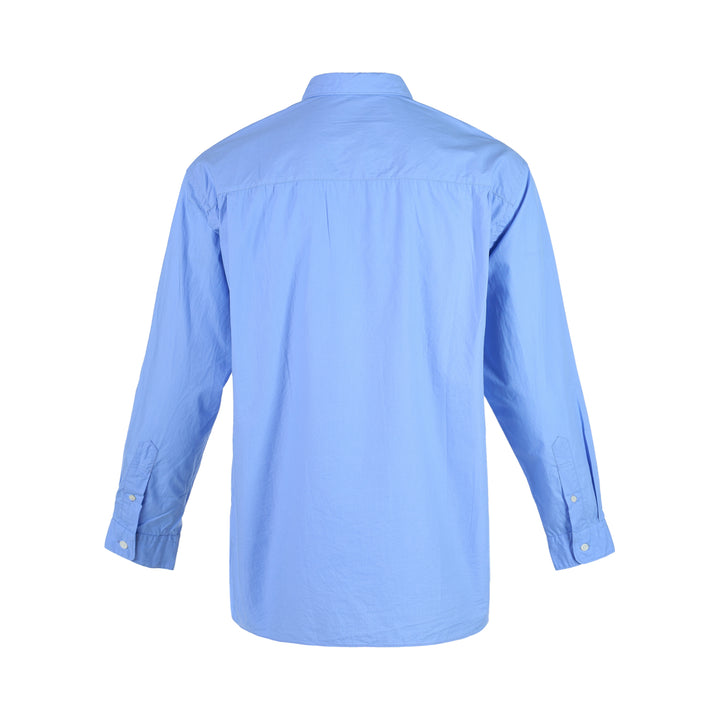 Comme des Garçons Homme long sleeve multi fabrication shirt in blue patchwork stripes and dots with frayed seams and a striped chest pocket - view 2