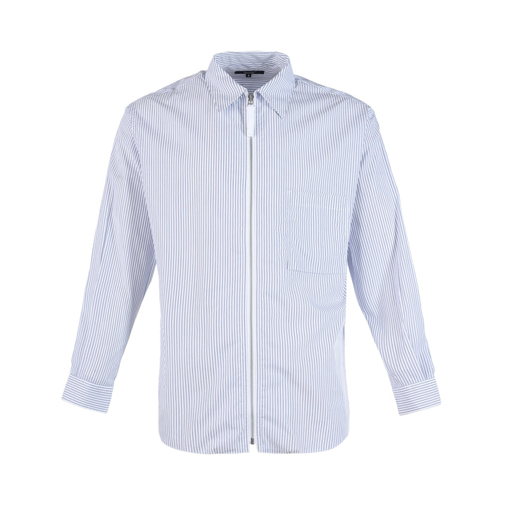 Comme des Garçons Homme long sleeve zip front shirt in blue and white pinstripe with pointed collar and chest patch pocket