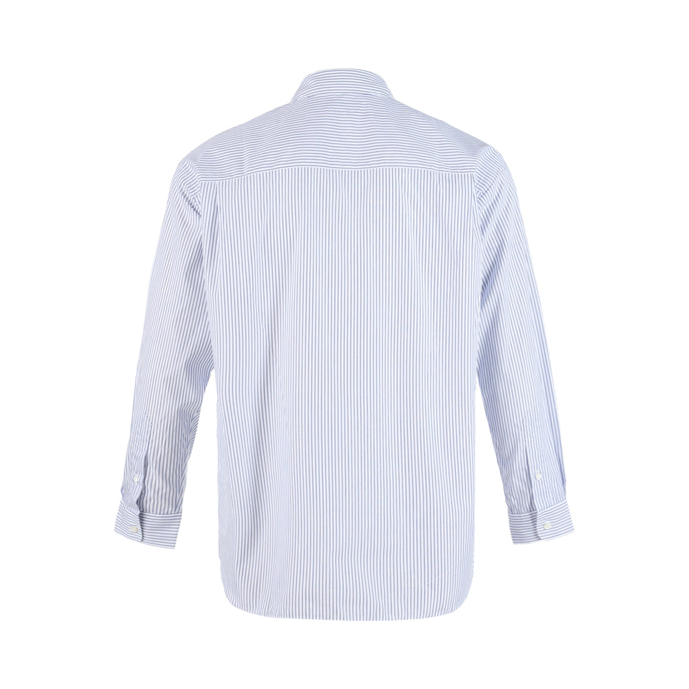 Comme des Garçons Homme long sleeve zip front shirt in blue and white pinstripe with pointed collar and chest patch pocket - view 2