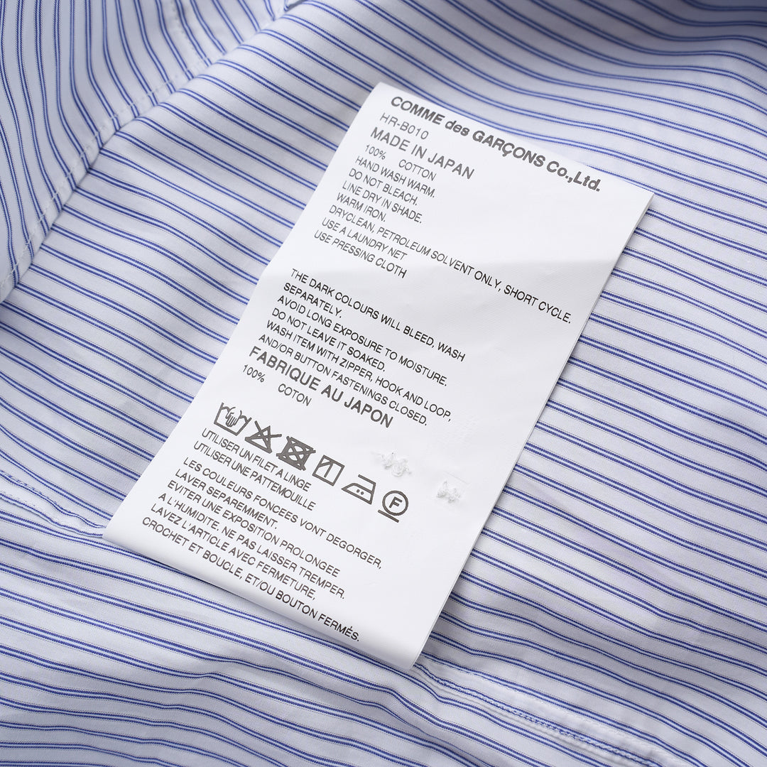 Comme des Garçons Homme long sleeve zip front shirt in blue and white pinstripe with pointed collar and chest patch pocket - view 3