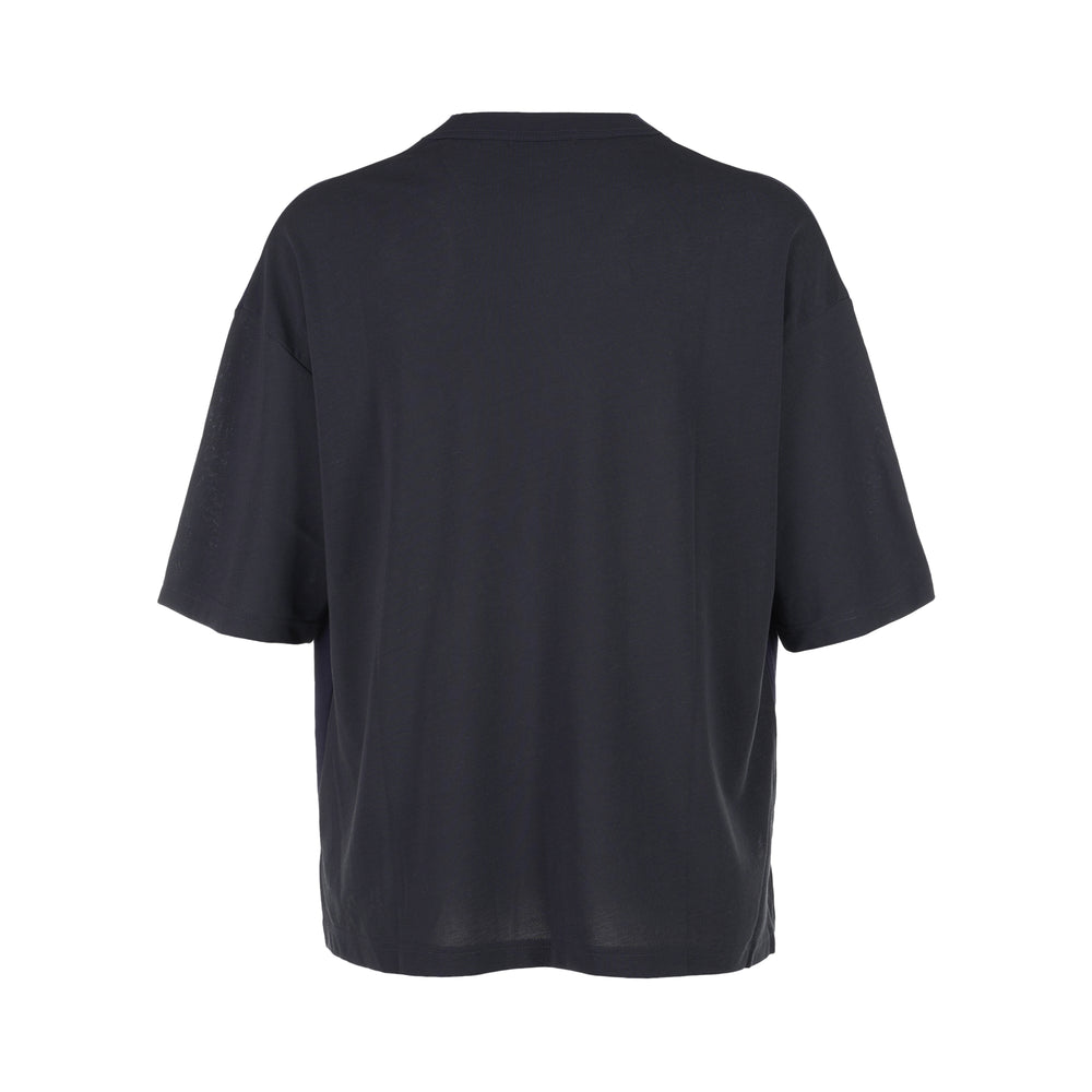 Comme des Garçons Homme navy fine-knit tee with contrasting black short sleeves, ribbed crew neck and hem, shown flat from the front - view 2