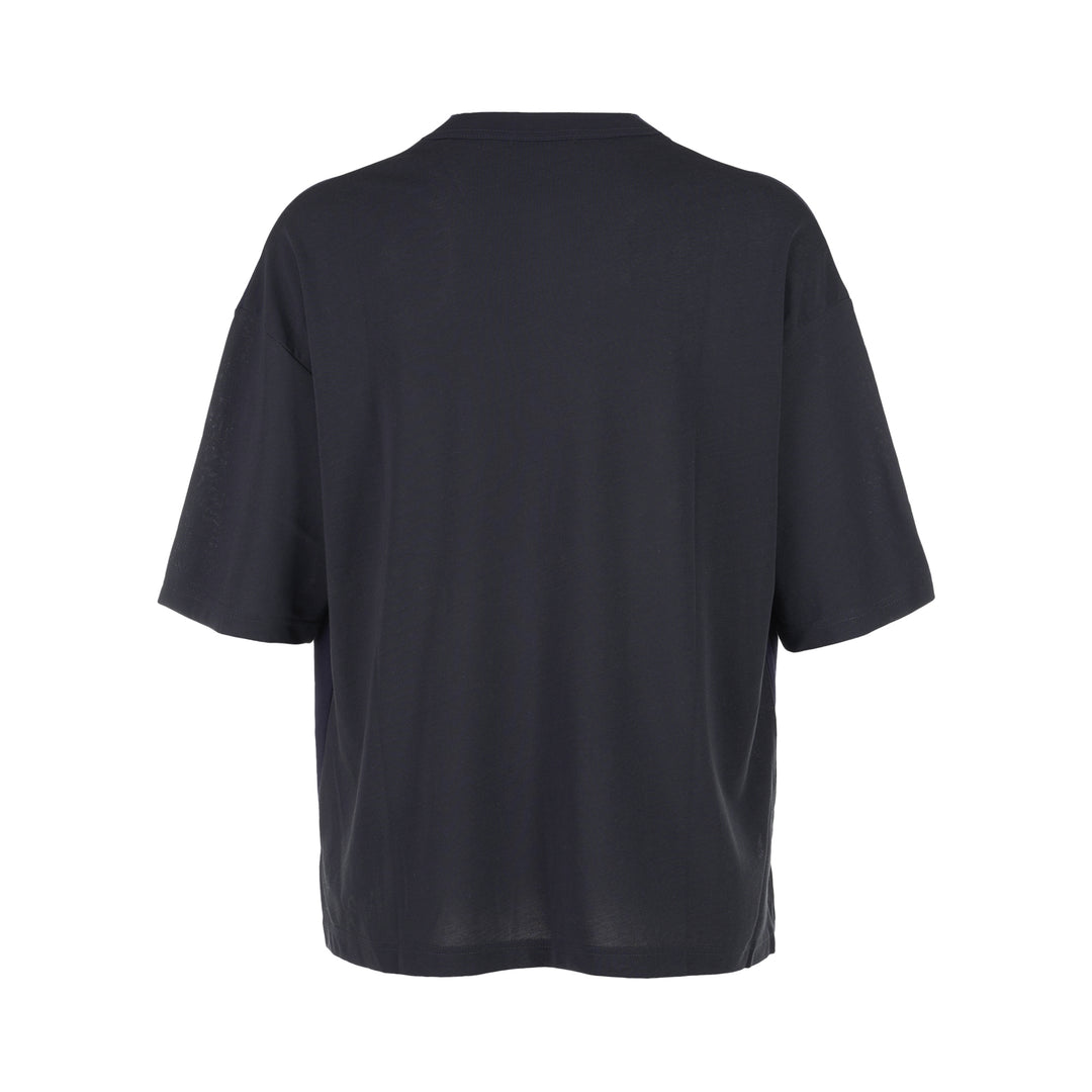 Comme des Garçons Homme navy fine-knit tee with contrasting black short sleeves, ribbed crew neck and hem, shown flat from the front - view 2
