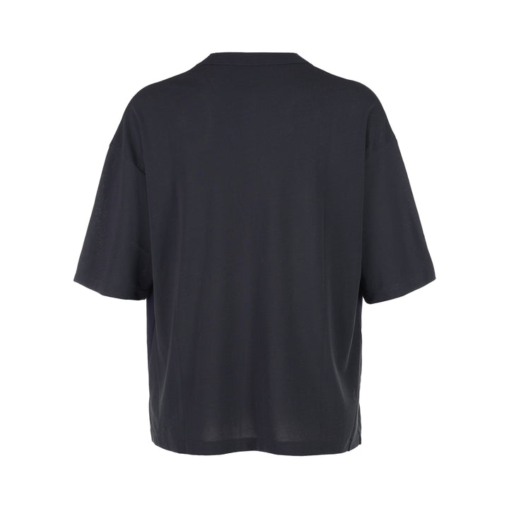 Comme des Garçons Homme navy fine-knit tee with contrasting black short sleeves, ribbed crew neck and hem, shown flat from the front - view 2
