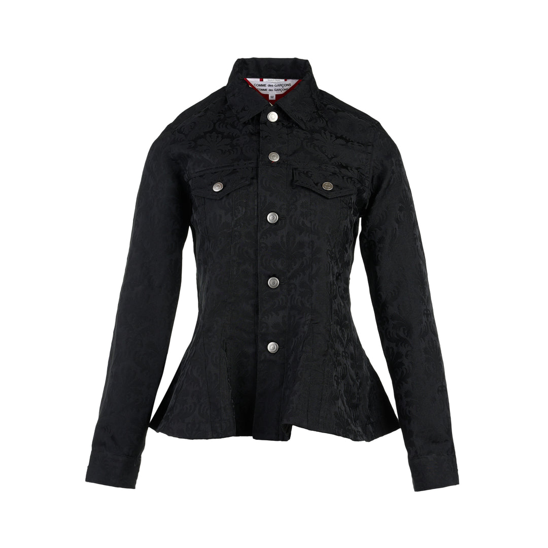 Comme des Garçons Comme des Garçons black damask jacquard peplum jacket with silver buttons and chest flap pockets, front view