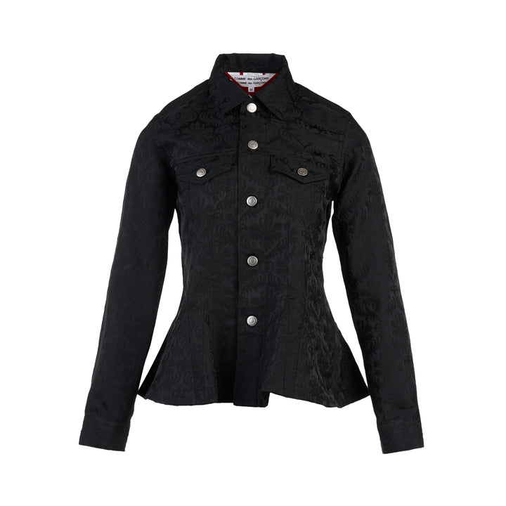 Comme des Garçons Comme des Garçons black damask jacquard peplum jacket with silver buttons and chest flap pockets, front view