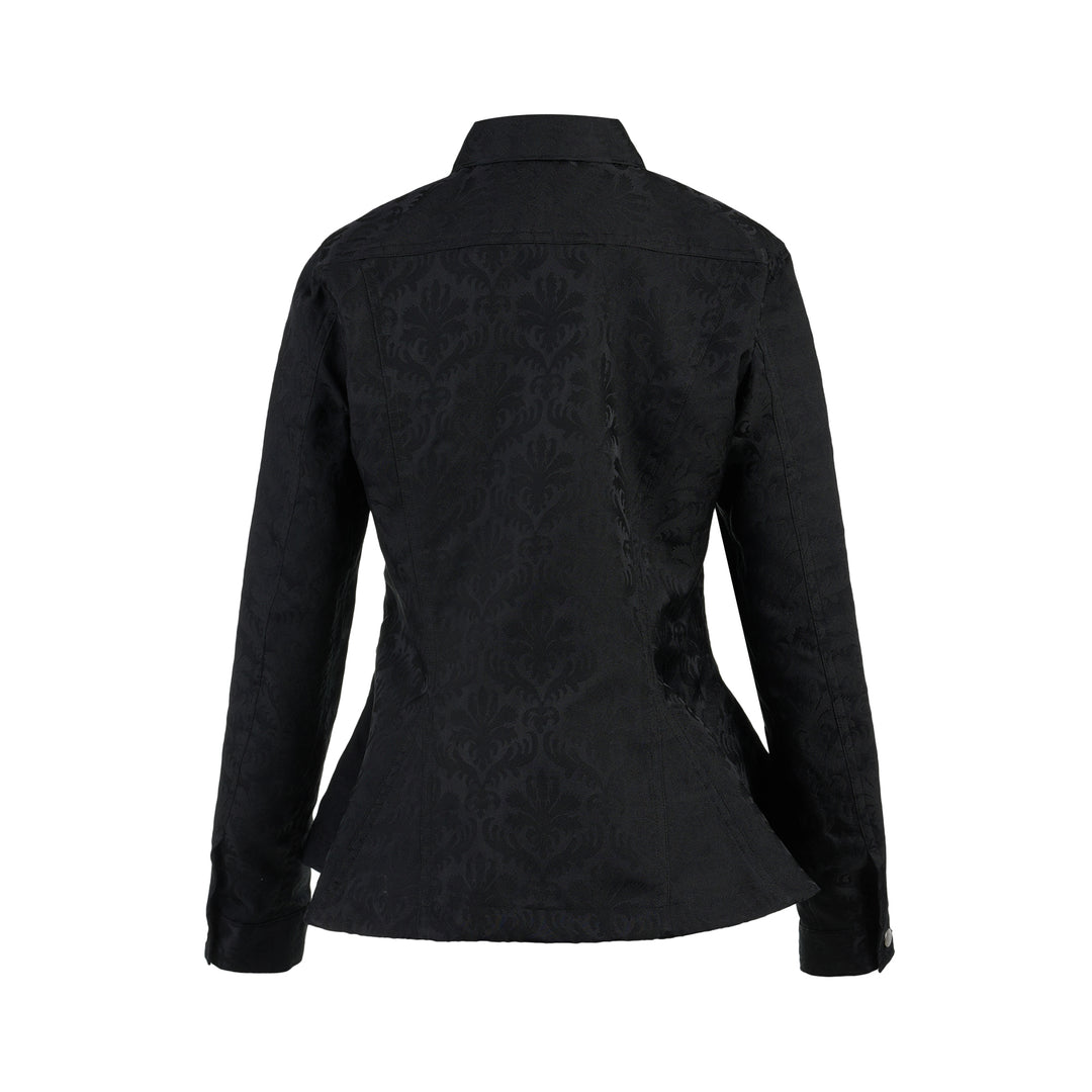 Comme des Garçons Comme des Garçons black damask jacquard peplum jacket with silver buttons and chest flap pockets, front view - view 2