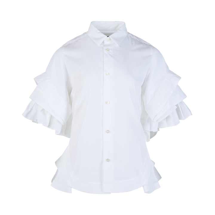 Noir Kei Ninomiya white cotton typewriter shirt with tiered pleated ruffle sleeves, pointed collar, button placket and curved flared hem
