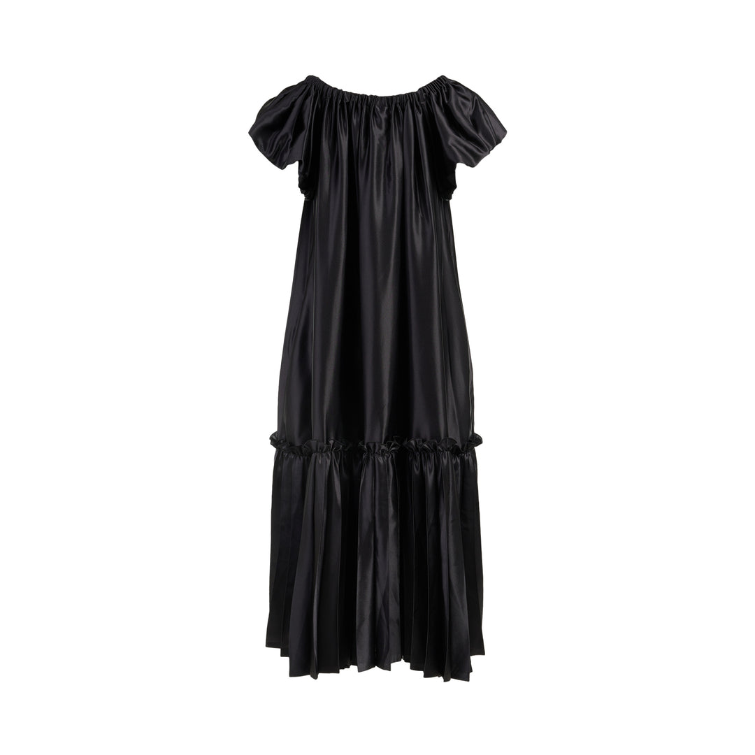 Black polyester satin midi dress with gathered neckline, puff cap sleeves and a pleated ruffle-trimmed tiered hem by Noir Kei Ninomiya - view 2