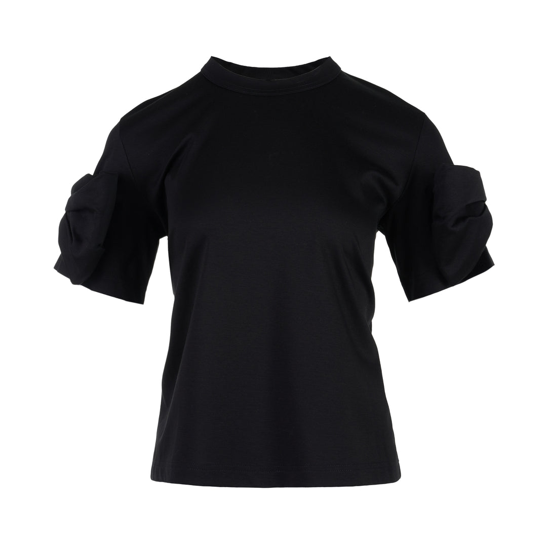 Noir Kei Ninomiya black cotton ponte tee with crew neck and twisted knot detailing on both short sleeves, shown from the front