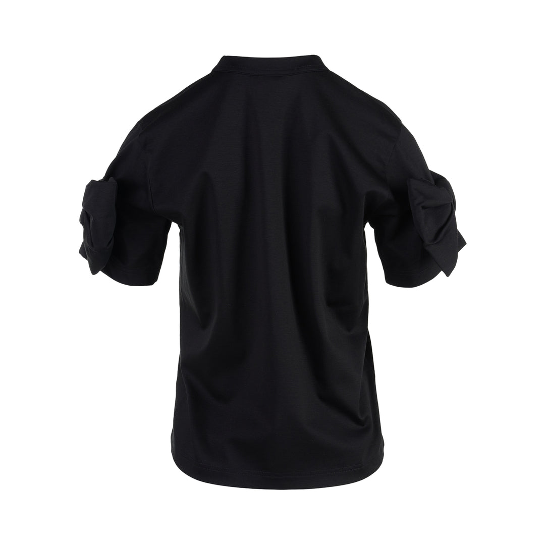 Noir Kei Ninomiya black cotton ponte tee with crew neck and twisted knot detailing on both short sleeves, shown from the front - view 2