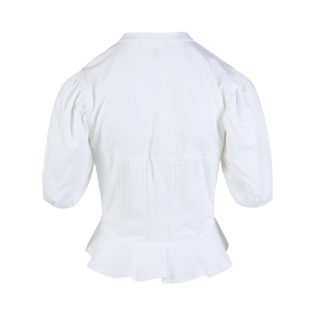 Noir Kei Ninomiya white cotton ponte top with corset-style seaming, puff sleeves, peplum hem and front zip closure - view 2