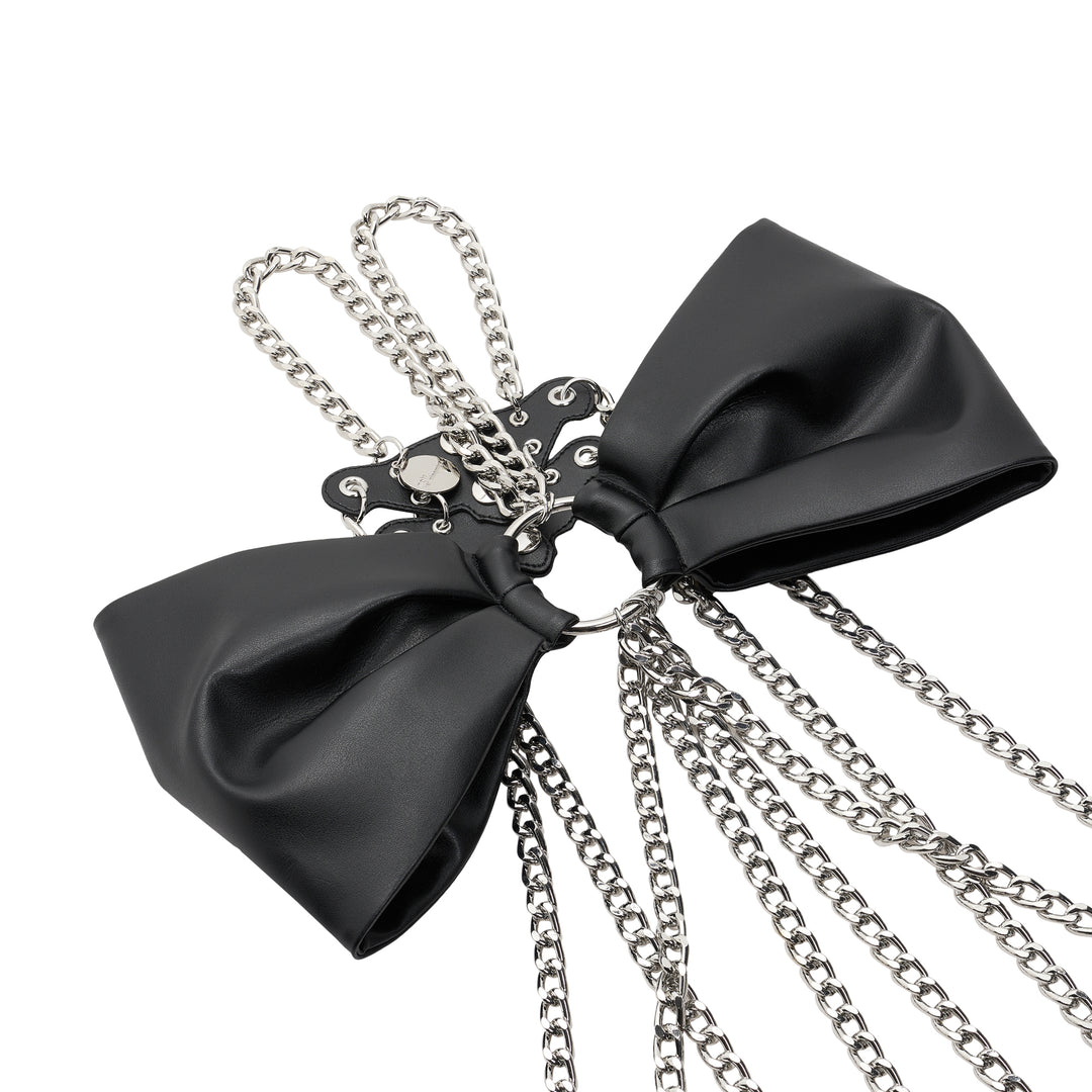 Noir Kei Ninomiya black synthetic leather vest with silver studs, grommets and cascading silver-tone curb chains - view 3