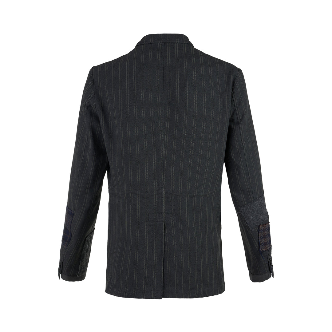 Junya Watanabe MAN charcoal pinstripe jacket with mixed wool patchwork panels, stand collar and flap pockets, front view - view 2