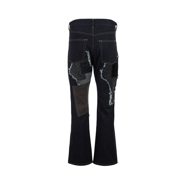 Junya Watanabe dark indigo straight-leg jeans with frayed herringbone, houndstooth and camouflage patchwork panels, front view - view 2