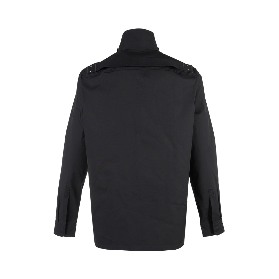 Rick Owens black long sleeve outershirt with high funnel collar, concealed snap placket and two vertical flap chest pockets - view 2