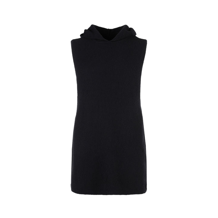 Rick Owens black sleeveless hooded tank in textured knit, shown from the front on a white background