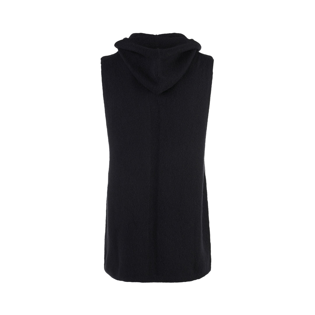 Rick Owens black sleeveless hooded tank in textured knit, shown from the front on a white background - view 2