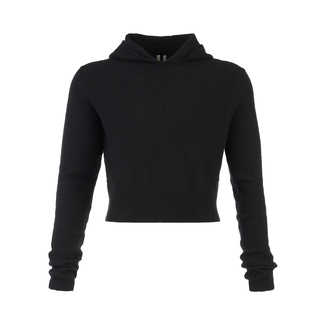 Rick Owens black cropped knit hoodie with fitted silhouette, ribbed hem and long sleeves, shown flat against a white background