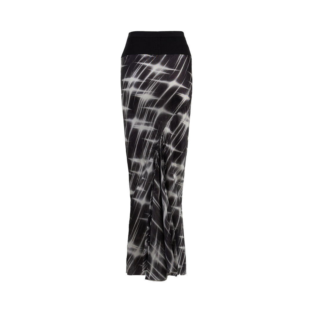 Rick Owens calf-length bias skirt in black with a white starburst print, ribbed black waistband and curved slit at the hem - view 2