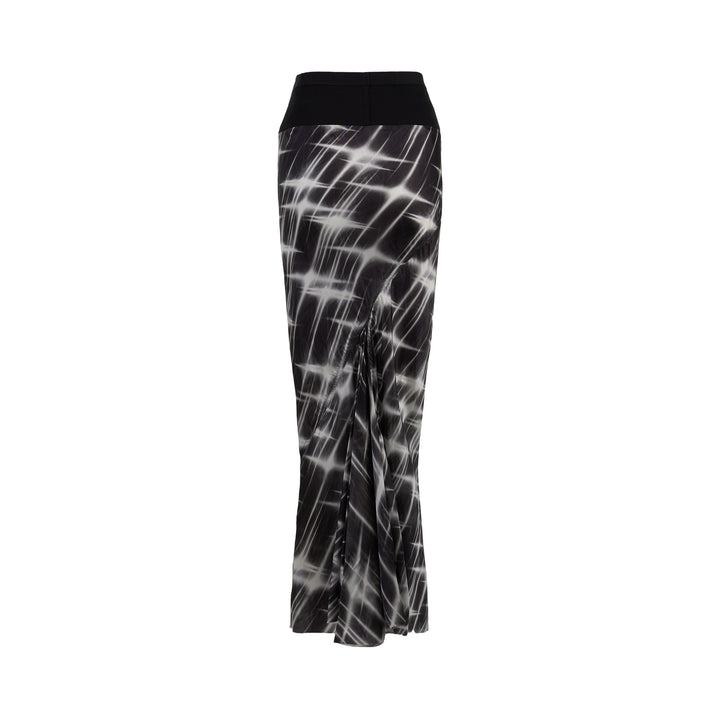 Rick Owens calf-length bias skirt in black with a white starburst print, ribbed black waistband and curved slit at the hem - view 2