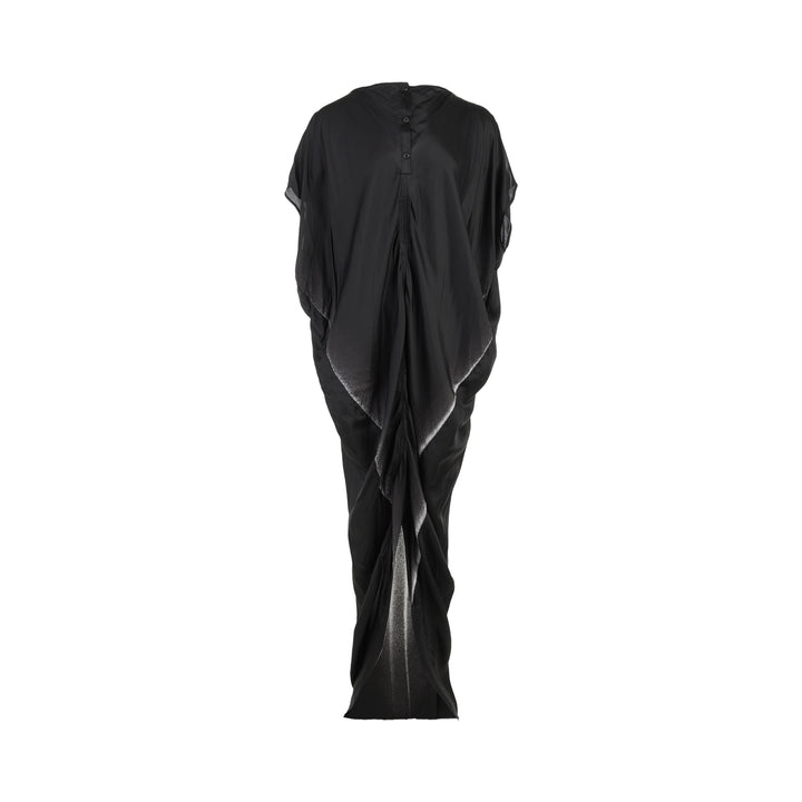 Rick Owens Dagger Gown in black, a floor-length draped column dress with cap sleeves and a pale ombré gradient running down the back