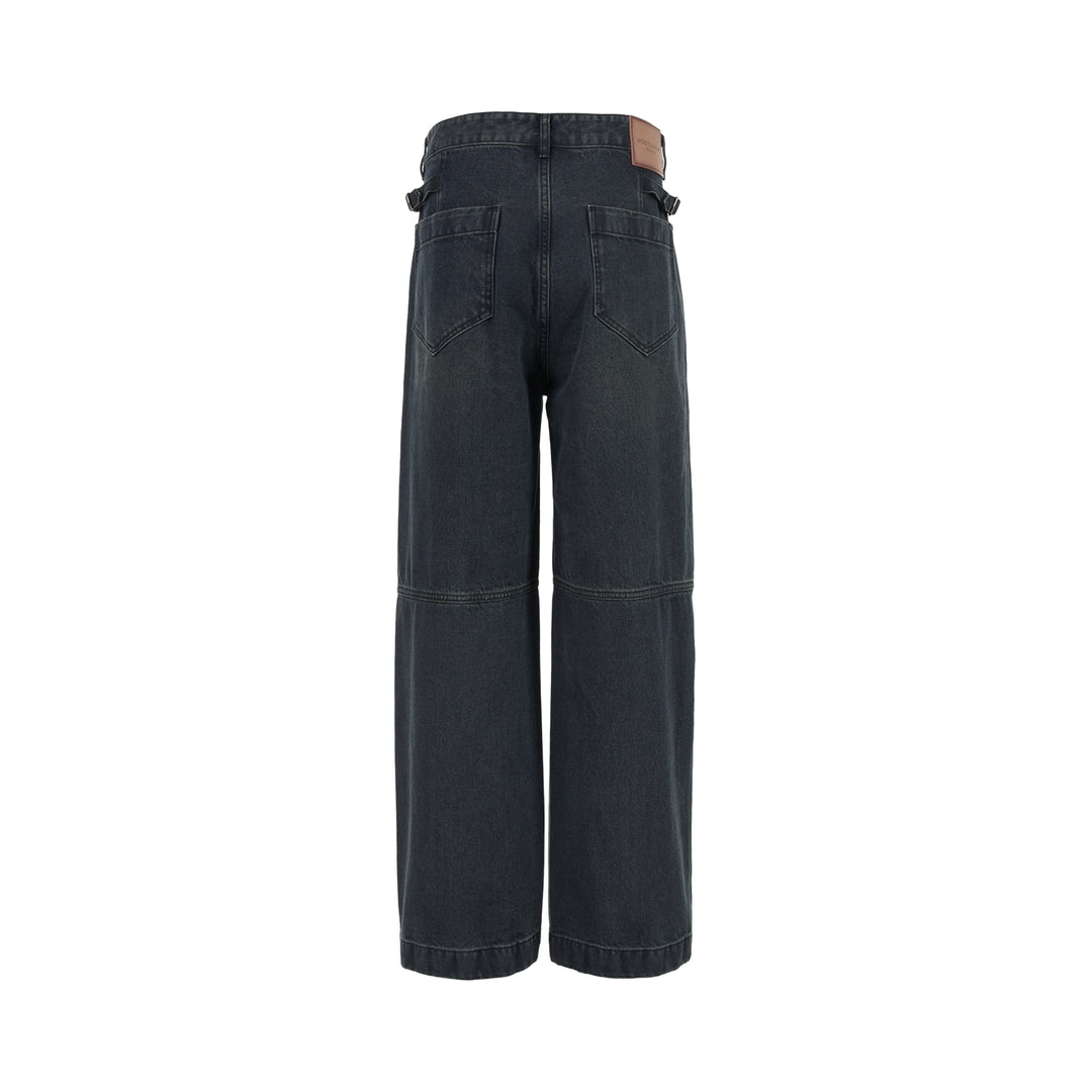 Wooyoungmi wide leg jeans in washed dark indigo denim with paneled knees and square metal waistband hardware, shown flat from the front - view 2