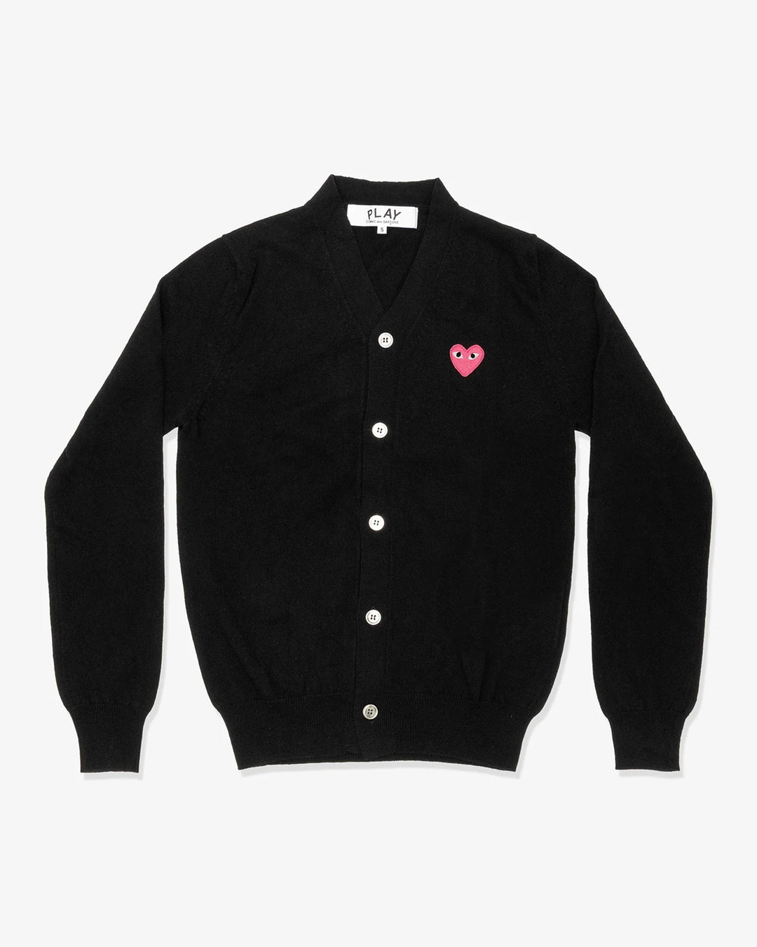 Comme des Garçons PLAY black V-neck cardigan with white buttons and an embroidered pink heart emblem on the chest