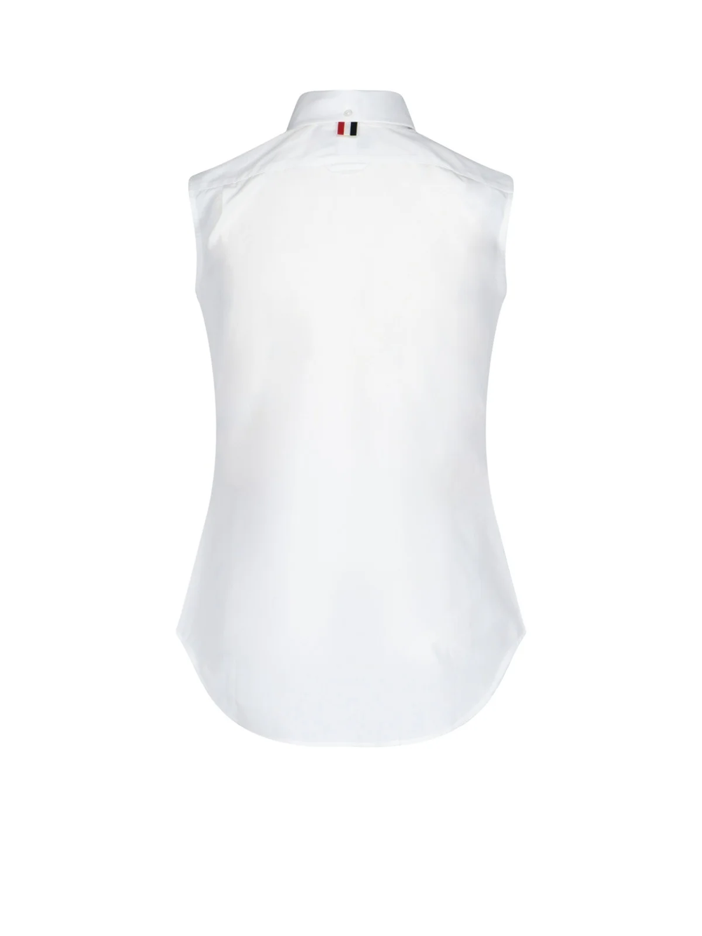 Thom Browne white sleeveless point collar top with button-down collar, concealed placket, chest pocket, and four-bar label at hem