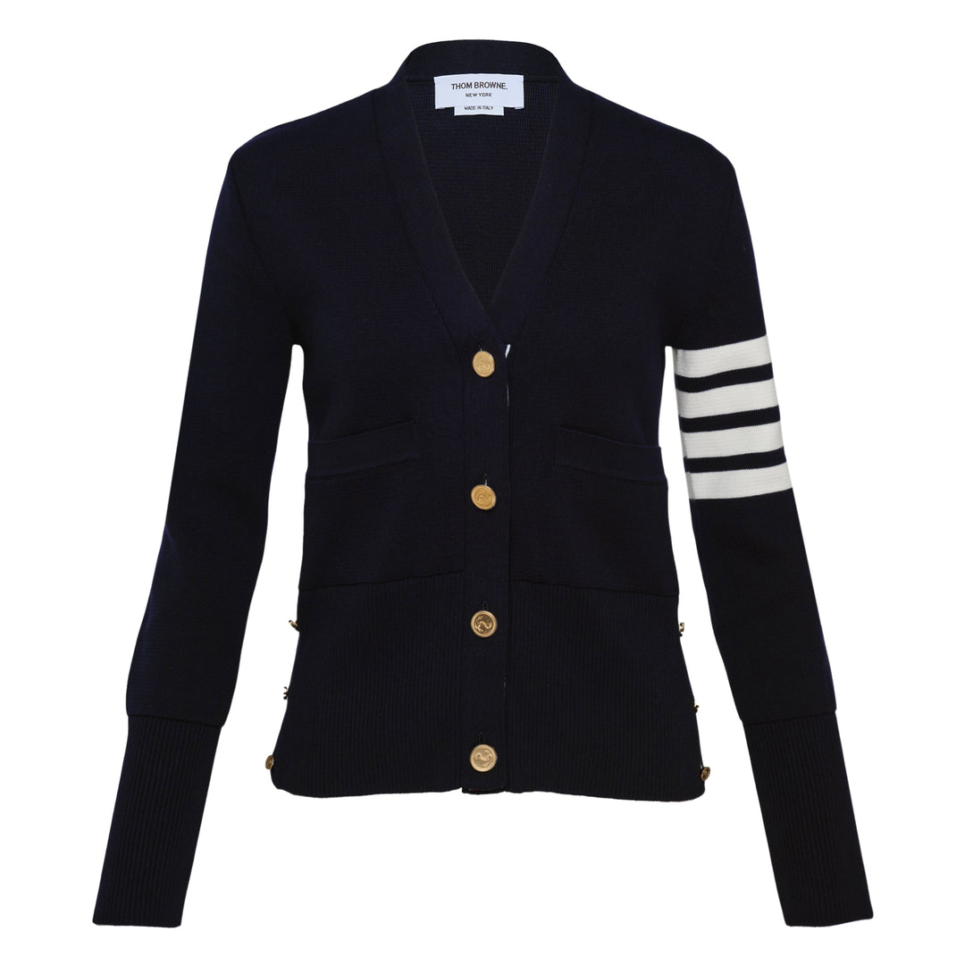 Thom Browne sky blue Milano stitch cardigan with four white bar stripes on the sleeve, V-neck, button front, and patch pockets