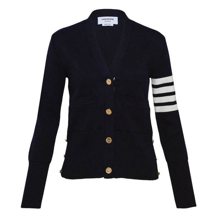 Thom Browne sky blue Milano stitch cardigan with four white bar stripes on the sleeve, V-neck, button front, and patch pockets