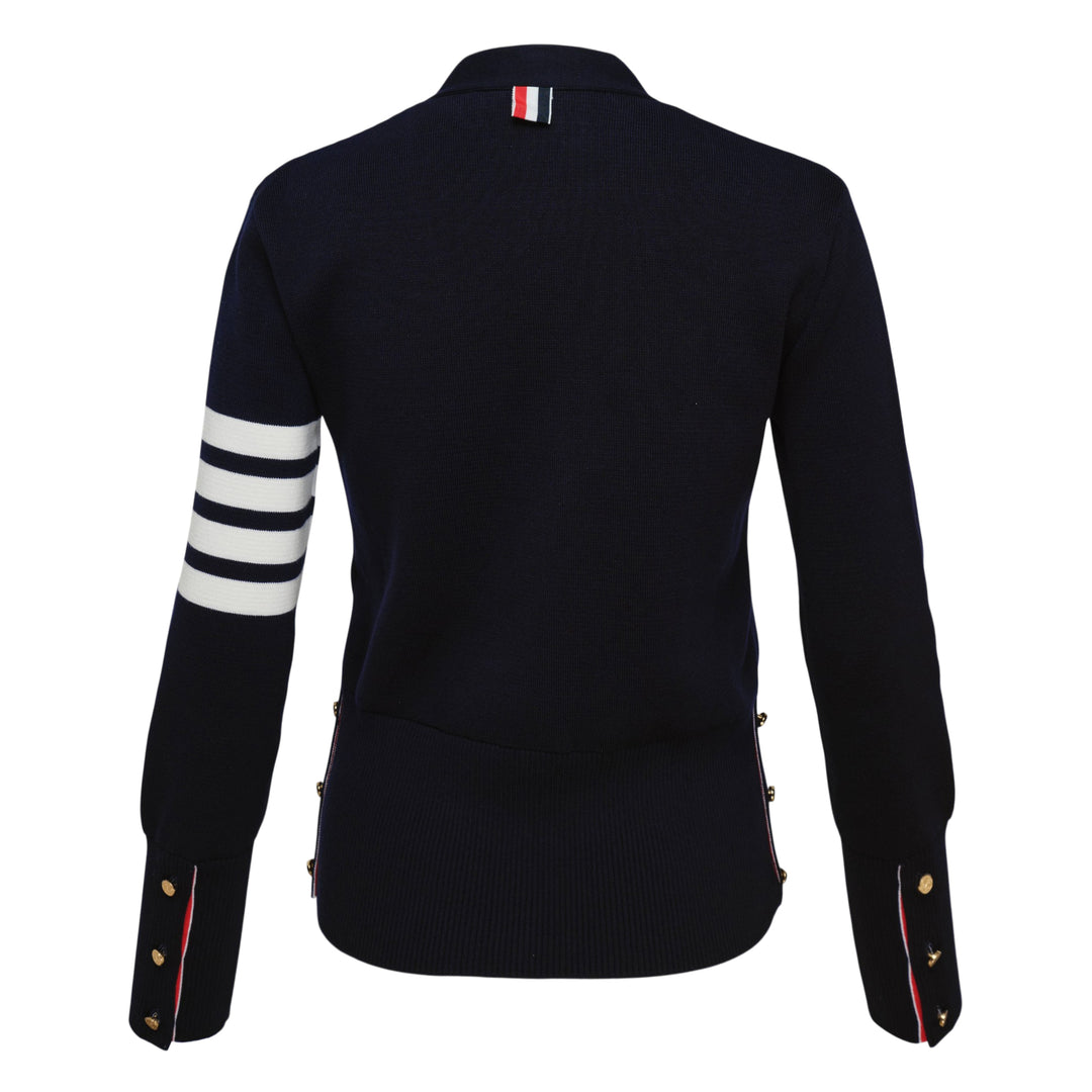Thom Browne sky blue Milano stitch cardigan with four white bar stripes on the sleeve, V-neck, button front, and patch pockets