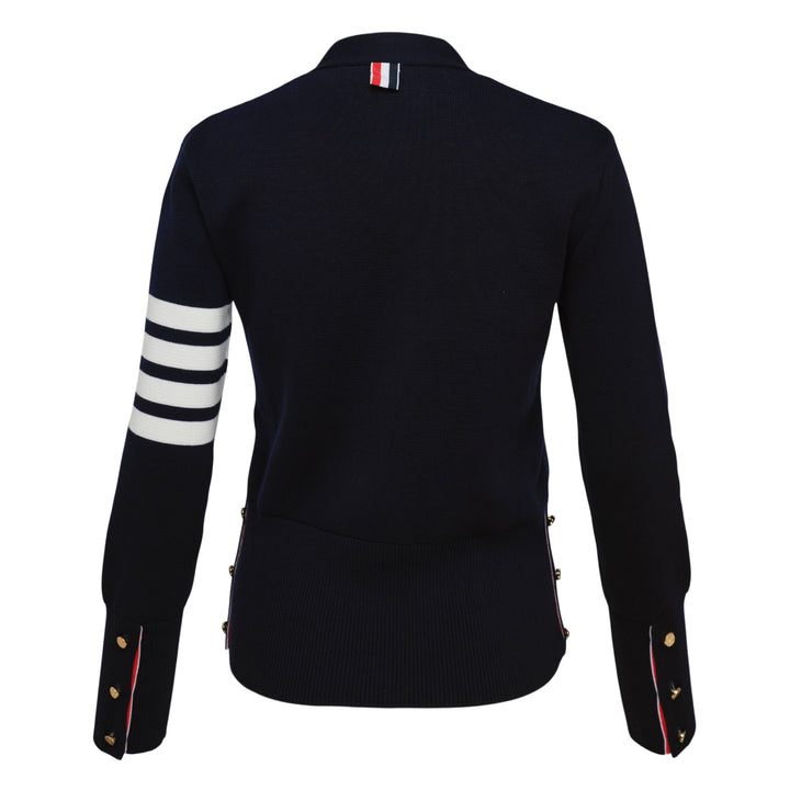Thom Browne sky blue Milano stitch cardigan with four white bar stripes on the sleeve, V-neck, button front, and patch pockets