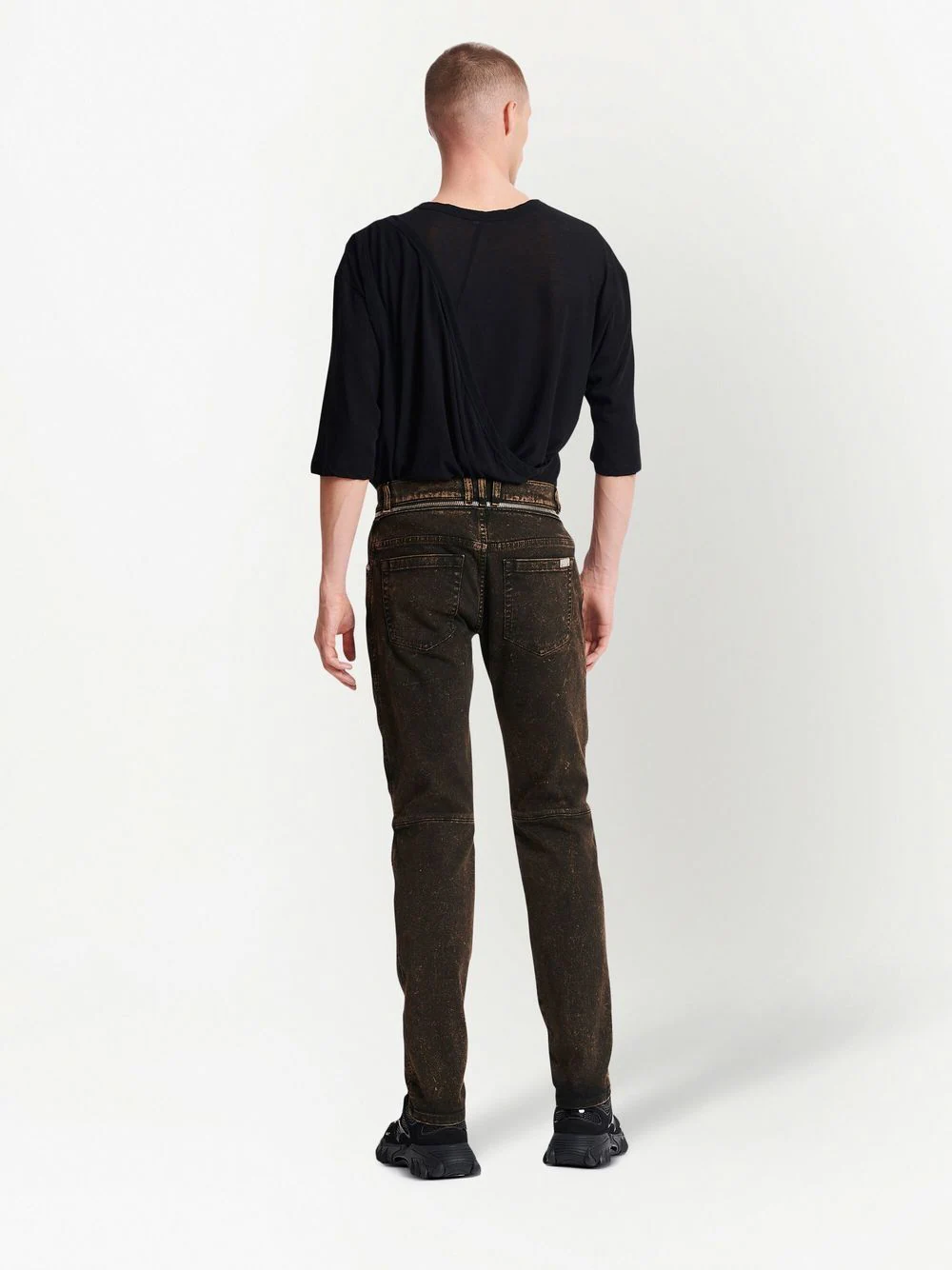 Zipped Belt Dark Brown Denim Pants