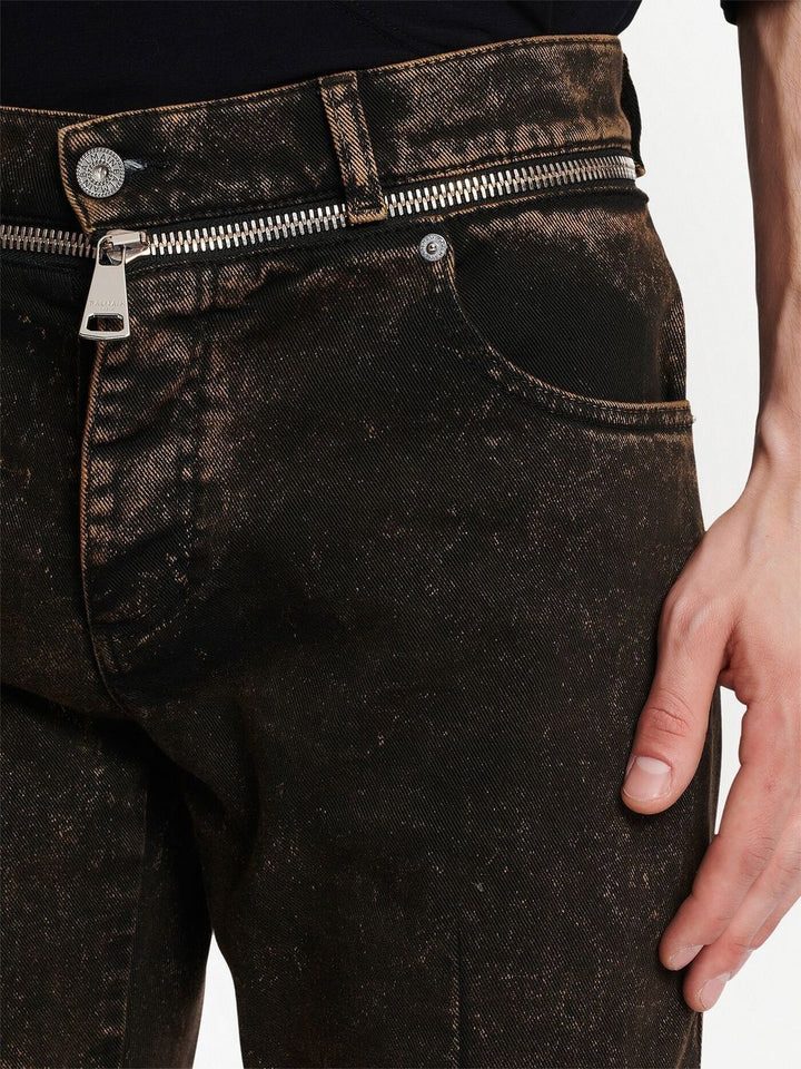 Zipped Belt Dark Brown Denim Pants