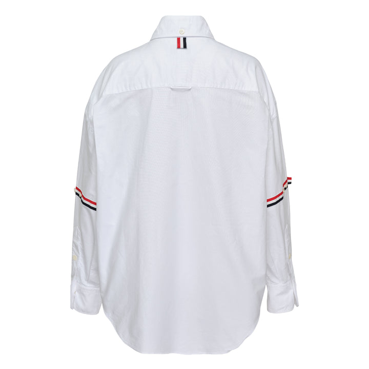 Thom Browne Supersized Point Collar Shirt in white Oxford cotton with RWB grosgrain armband stripe and button-down collar, front view