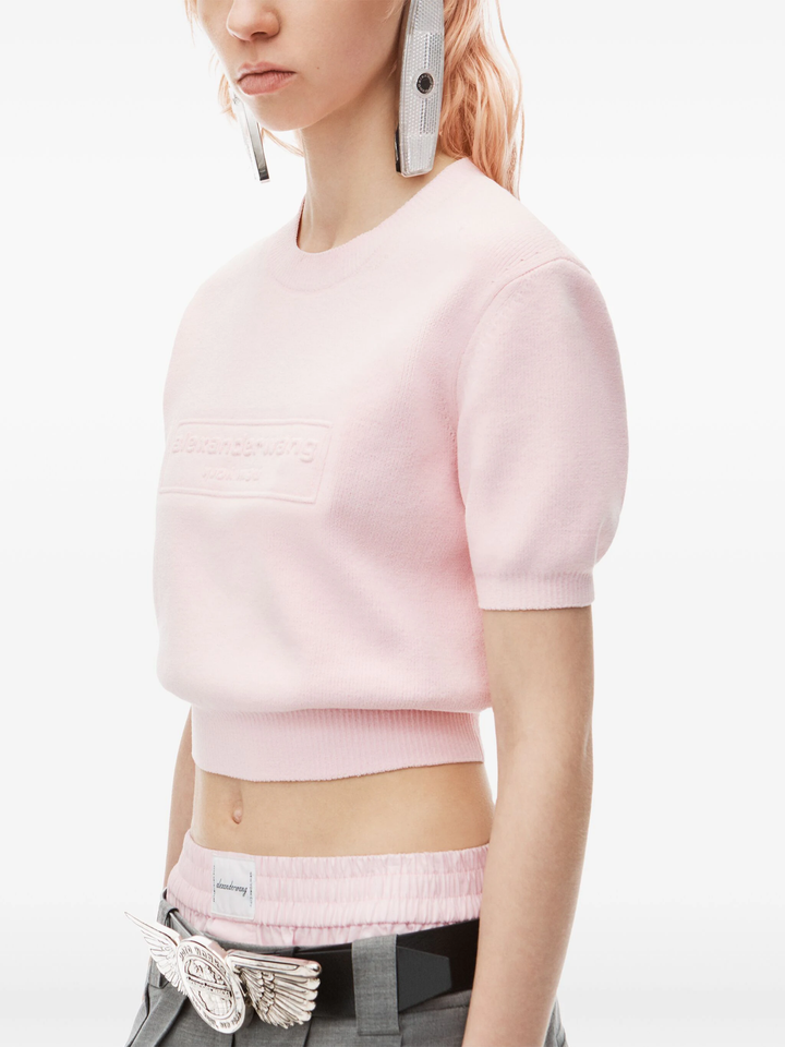 Logo Embossed Short Sleeve Ribbed Pullover In Soft Chenille