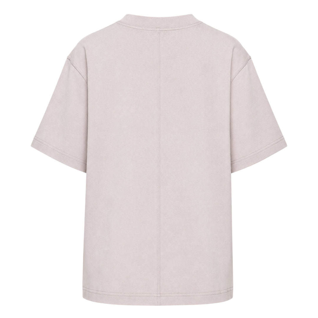 Sofie D'Hoore short sleeve boxy tee in dusty rose with ribbed crew neck and topstitched hem, displayed flat on white background