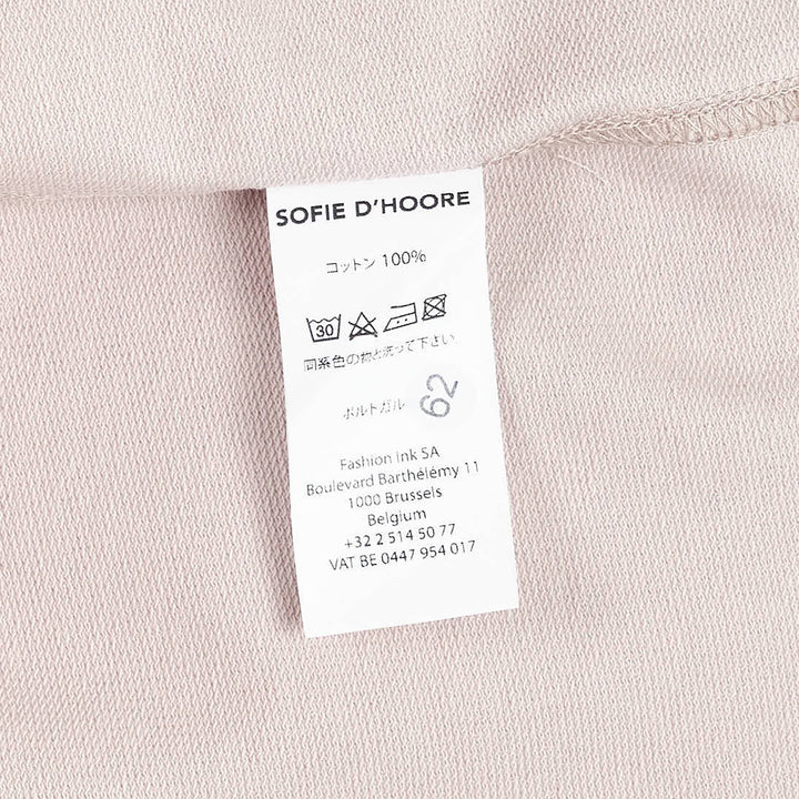 Sofie D'Hoore short sleeve boxy tee in dusty rose with ribbed crew neck and topstitched hem, displayed flat on white background