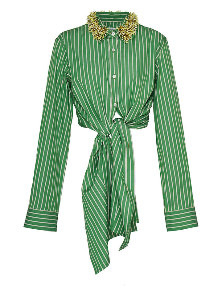 Striped Compact Popeline Cropped Shirt