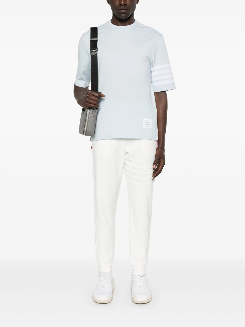 Thom Browne Jersey 4-Bar Short Sleeve Tee in green with white stripe detail on sleeve and grosgrain trim at hem