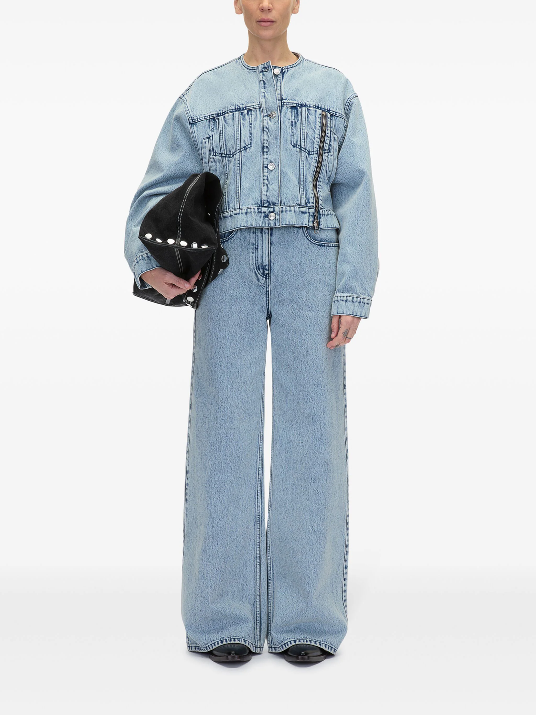 Collarless Cropped Denim Jacket