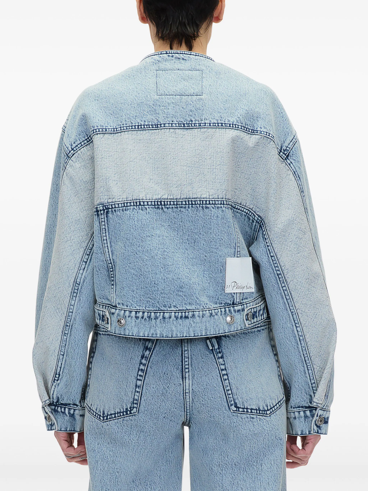 Collarless Cropped Denim Jacket