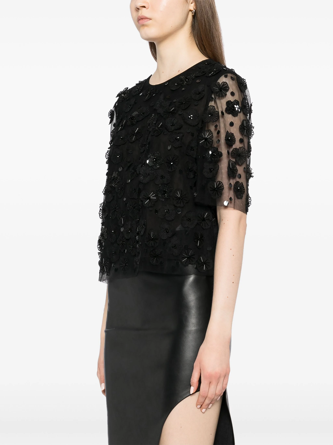 Embellished Crewneck Top Nylon Tulle