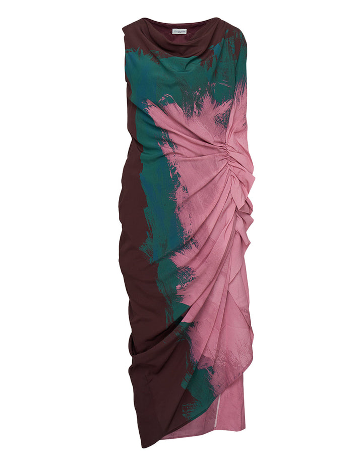 Side Drapes Silk Geo Brushstroke Dress