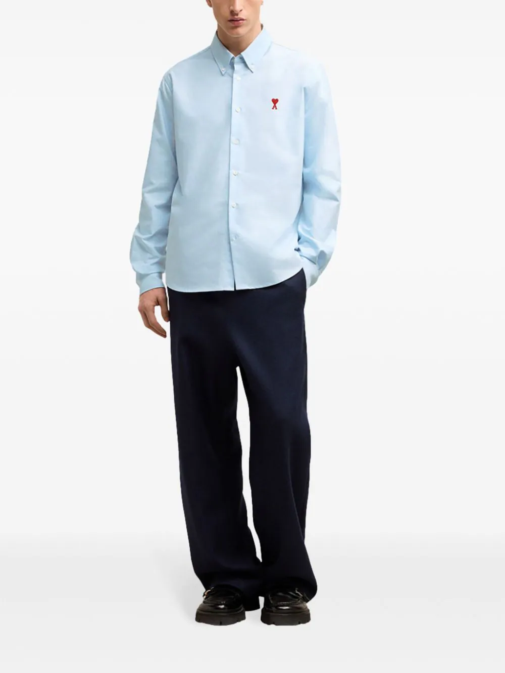 AMI De Coeur Classic Fit Shirt in sky blue with burgundy heart logo embroidery and button-down collar