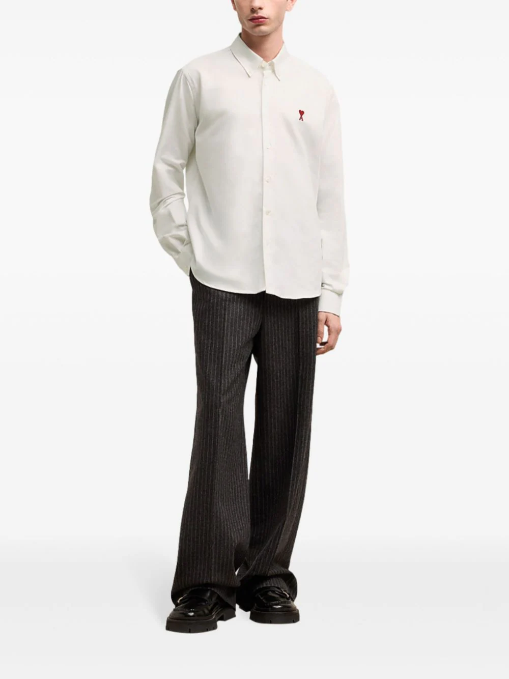 AMI De Coeur Classic Fit Shirt in sky blue with burgundy heart logo embroidery and button-down collar