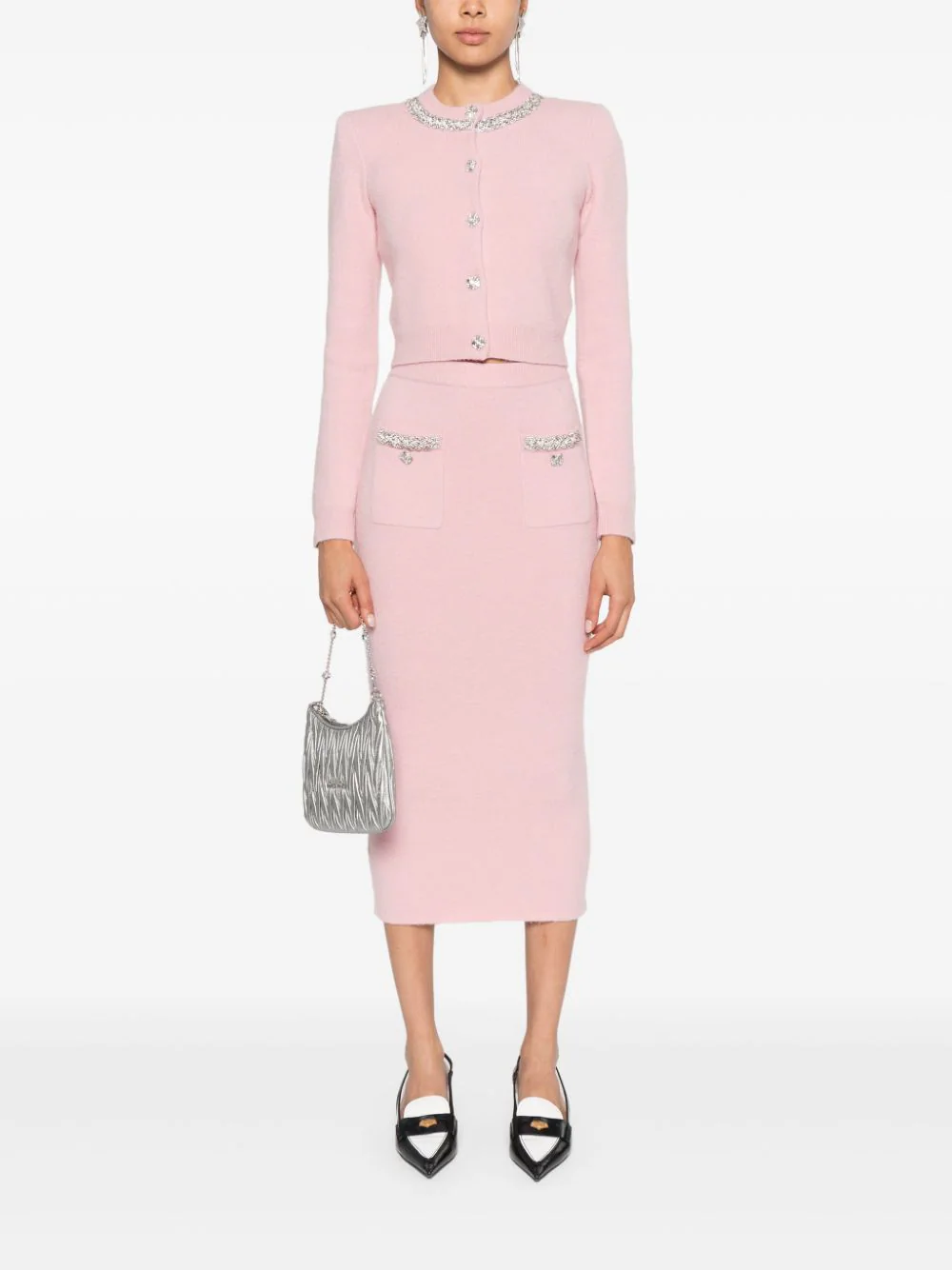 Pink Embellished Knit Midi Skirt