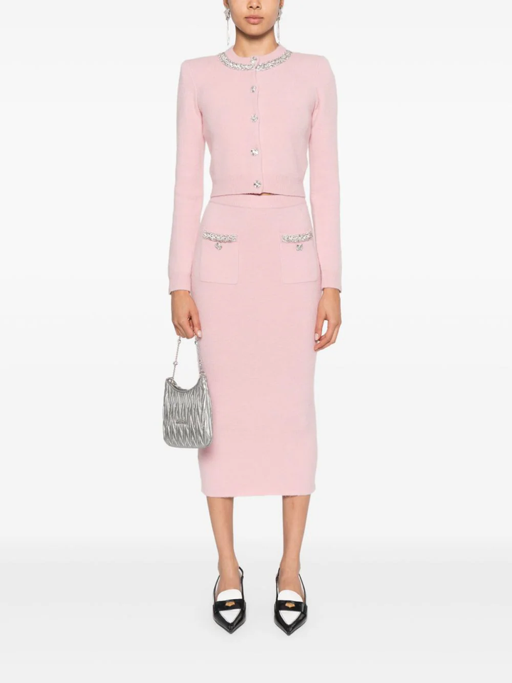 Pink Embellished Knit Midi Skirt