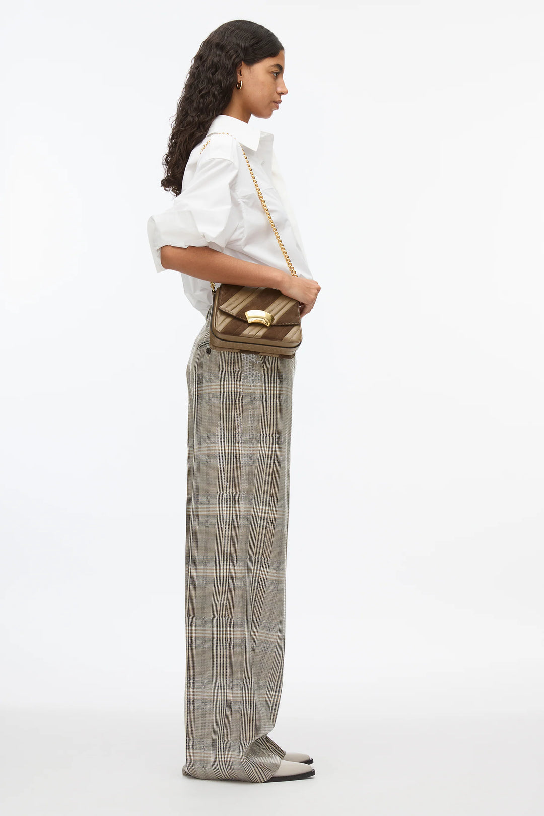 Sequin Plaid Flat Front Wide Leg Pants