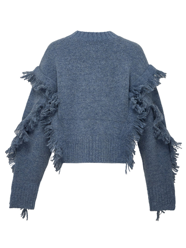 Long Sleeve Crewneck Sweater With Fringe Trim